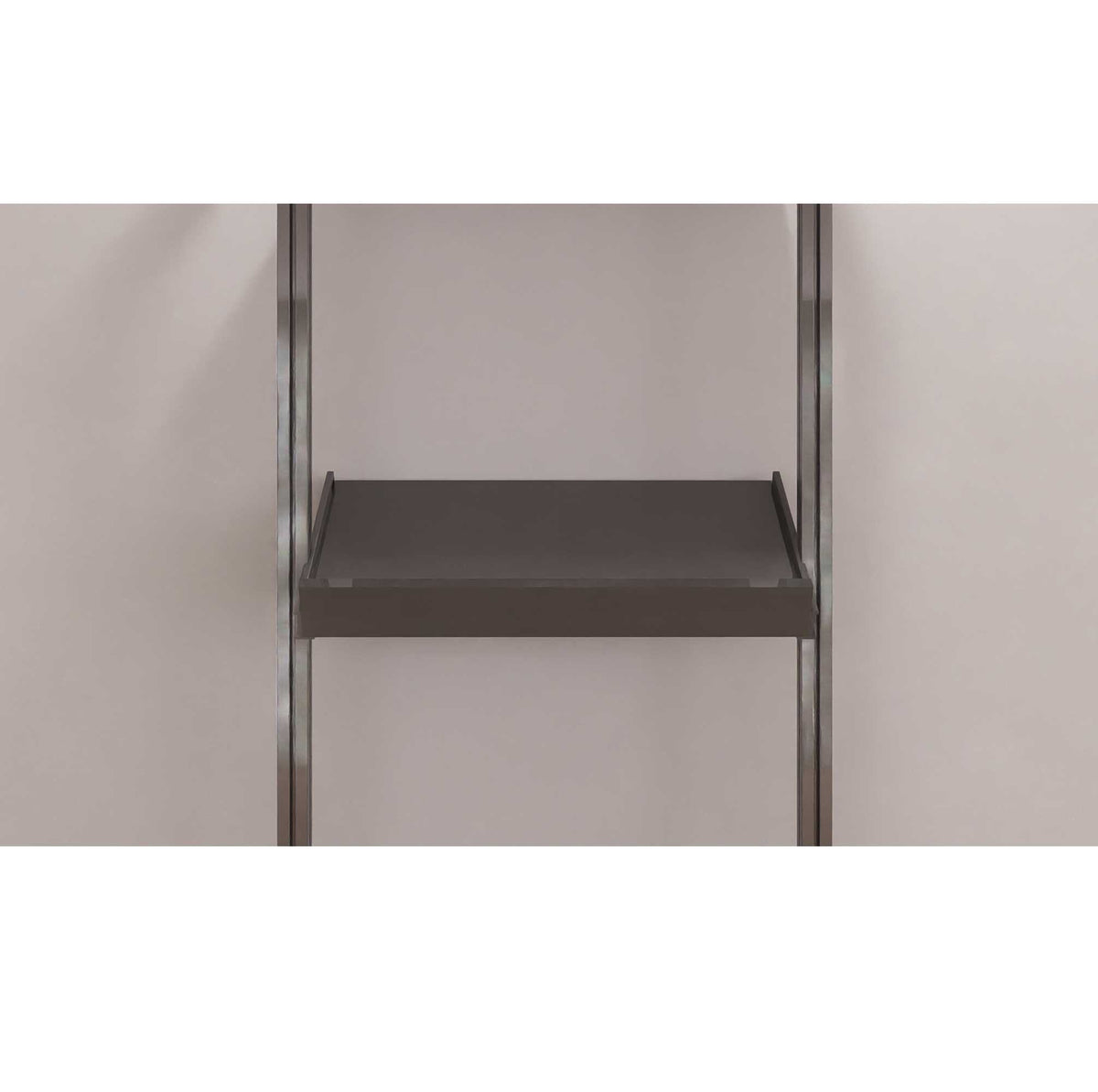 Modular shelving unit with satin shelves and satin vertical posts.