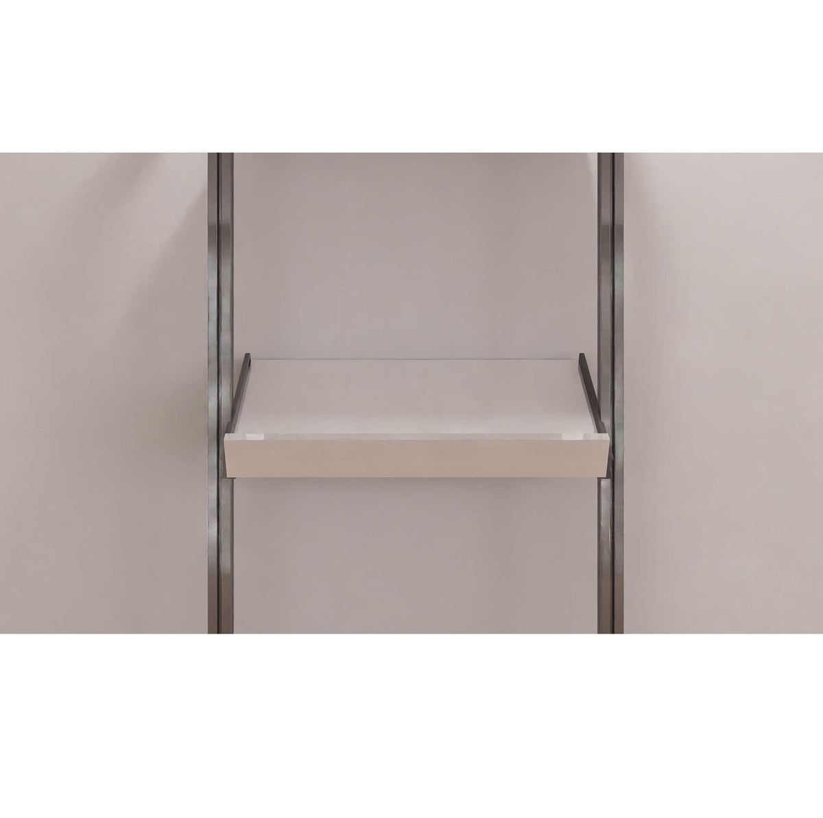 Modular shelving unit with satin shelves and satin vertical posts.