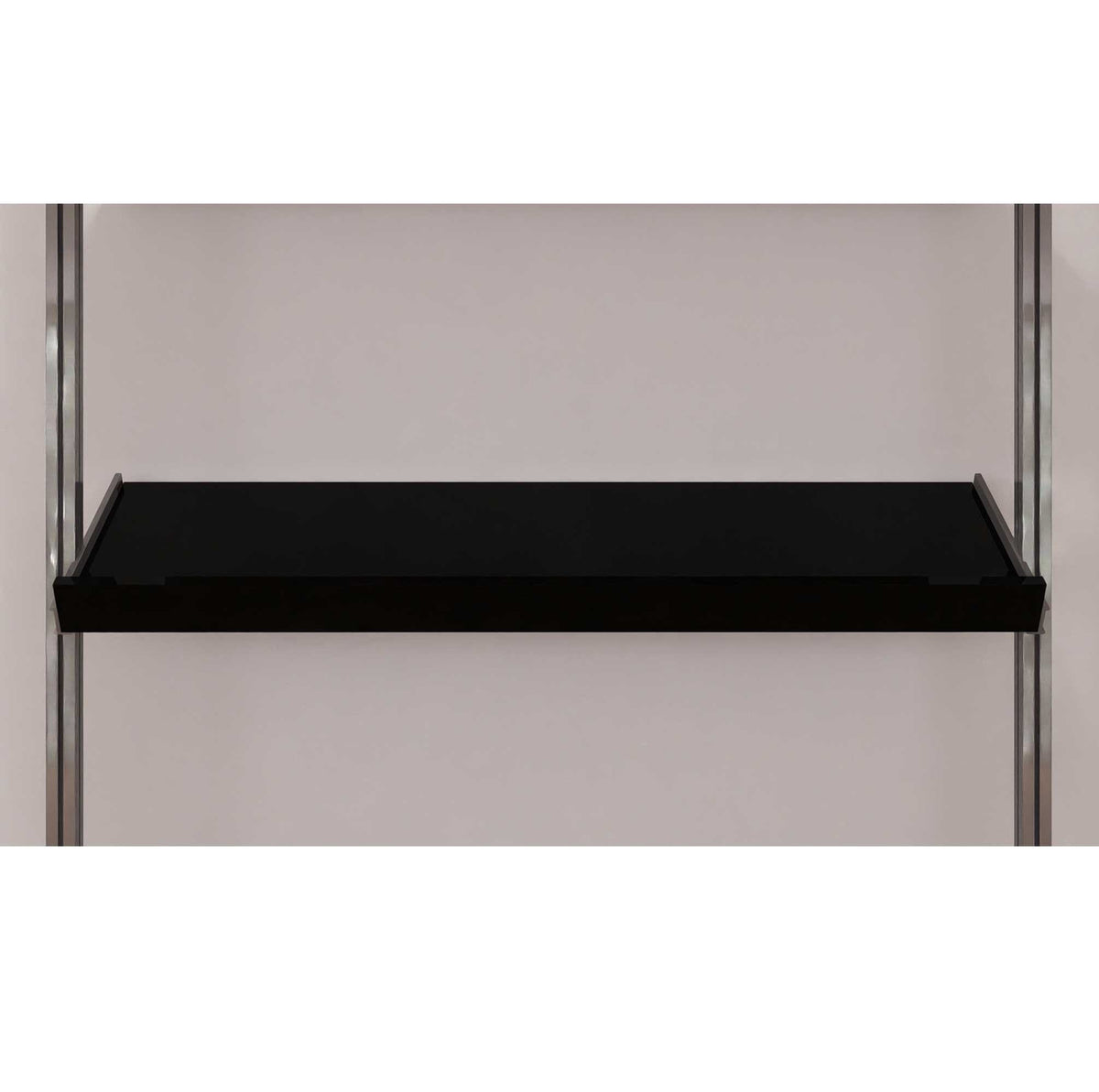 Modular shelving unit with black shelves and black vertical posts.