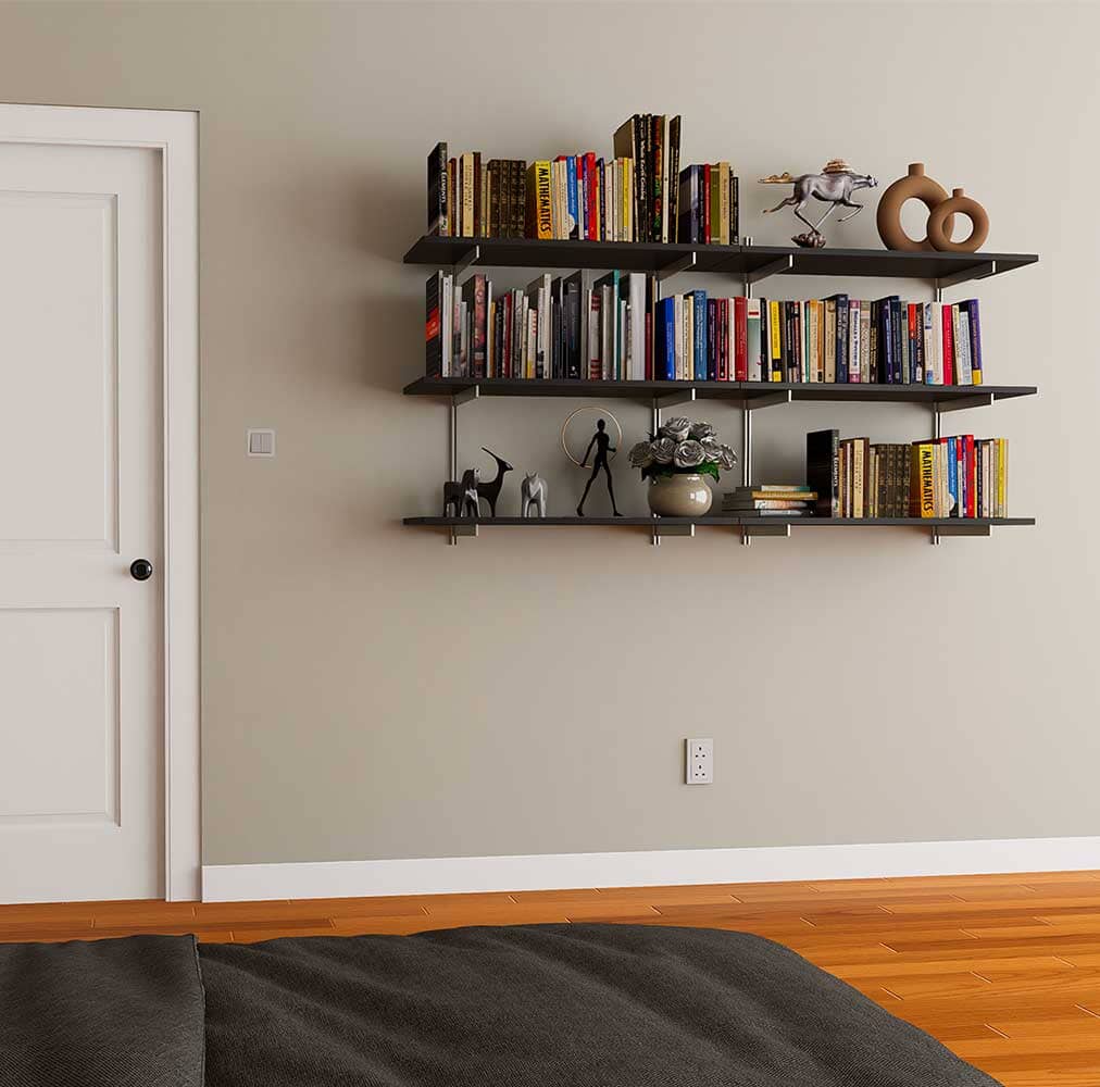 Modular shelving unit with black shelves, black vertical posts, and one bay, shown with two open shelf levels styled in a room setting.