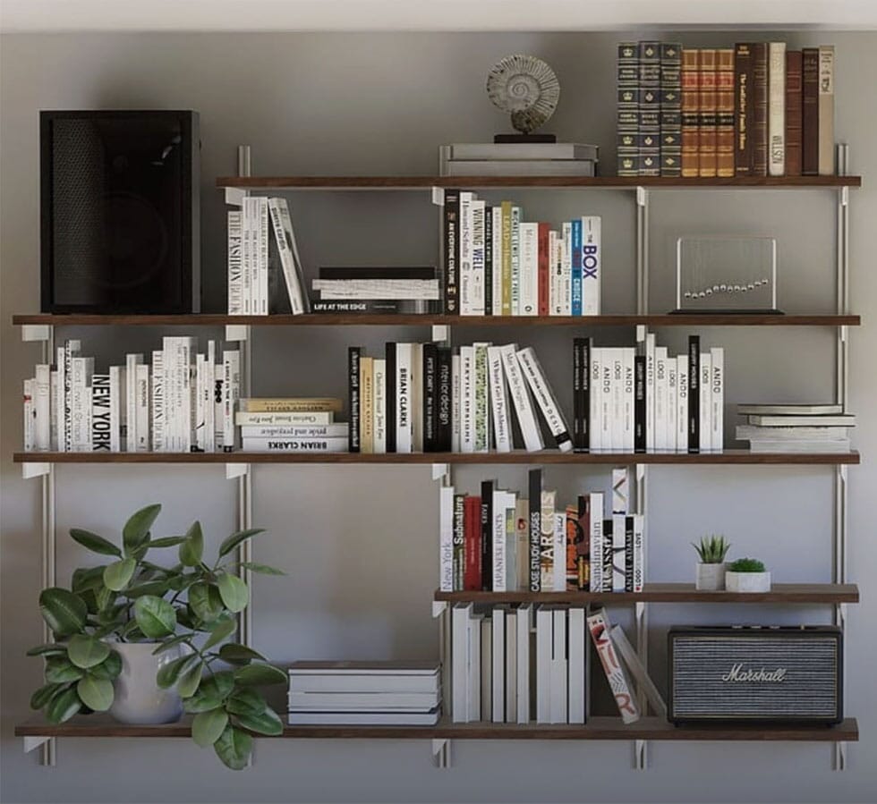 Aluminaire two-shelf modular shelving unit with wood-look aluminum shelves, satin vertical posts, one bay, 31-inch width, and two open shelf levels styled in a room setting.
