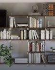 Aluminaire two-shelf modular shelving unit with wood-look aluminum shelves, satin vertical posts, one bay, 31-inch width, and two open shelf levels styled in a room setting.