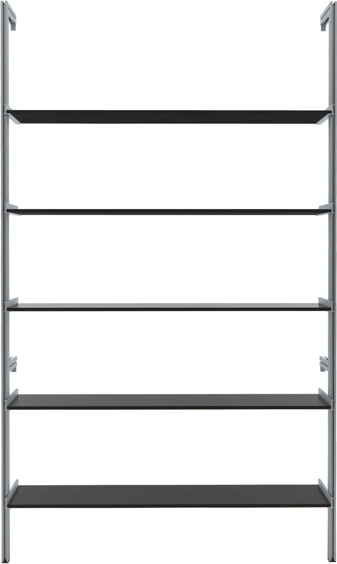Modular shelving unit with satin shelves and black vertical posts, shown with open shelving.