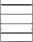 Modular shelving unit with satin shelves and black vertical posts, shown with open shelving.