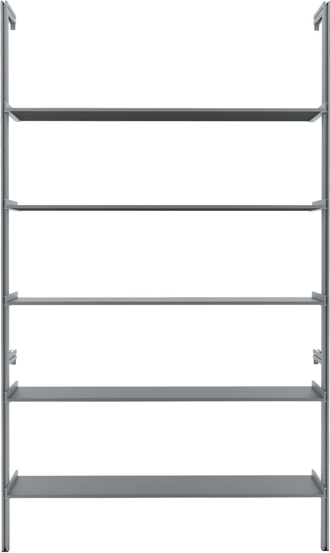 Modular shelving unit with satin shelves and satin vertical posts, shown with open shelving.